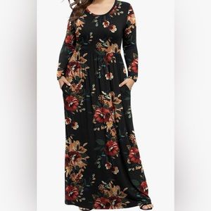 LONGYUAN, Sz 4XL, Dark Green, Floral Long Sleeve Maxi Dress - NWT